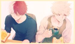 Rule 34 | 2boys, adam&#039;s apple, arms on table, bad source, bakugou katsuki, black shirt, boku no hero academia, burn scar, closed eyes, closed mouth, cup, food, from above, green shirt, grey jacket, hair between eyes, holding, holding cup, holding food, holding sandwich, jacket, long sleeves, looking to the side, male focus, multicolored hair, multiple boys, red eyes, red hair, sandwich, scar, scar on face, shirt, short hair, simple background, sitting, sleeveless, sleeveless shirt, spiked hair, split-color hair, todoroki shoto, twitter username, umi (ul8nl), upper body, white background, white hair, white shirt