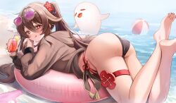 Rule 34 | 1girl, alternate costume, ass, ball, beachball, bikini, black bikini, black nails, boo tao (genshin impact), bright pupils, brown hair, brown jacket, cup, flower-shaped pupils, genshin impact, ghost, glasses, hair between eyes, highres, holding, holding cup, hood, hood down, hooded jacket, hu tao (genshin impact), jacket, long hair, lying, on stomach, red eyes, solo, swimsuit, symbol-shaped pupils, the pose, twintails, very long hair, water, yutoriko (candy0905)