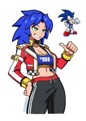 1girl absurdres black_pants blue_hair breasts cleavage crop_top genderswap genderswap_(mtf) green_eyes grin hand_on_own_hip highres humanization jacket machturne medium_hair midriff navel pants simple_background smile sonic_(series) sonic_battle sonic_the_hedgehog spiked_hair thumbs_up white_background
