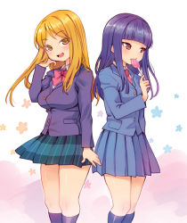 10s 2girls :d black_socks blazer blonde_hair blue_skirt blunt_bangs blush breasts brown_eyes candy collared_shirt food head_tilt hidaka_koharu high_score_girl holding holding_food jacket kneehighs lollipop long_hair long_sleeves looking_at_viewer looking_away medium_breasts multiple_girls necktie oono_akira open_mouth pleated_skirt purple_hair red_neckwear ryoji_(nomura_ryouji) school_uniform shirt skirt small_breasts smile socks standing white_shirt wing_collar yellow_eyes