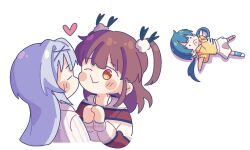 &gt;:( ._. 3girls asymmetrical_legwear blue_hair blue_socks blush_stickers brown_eyes brown_hair cheek-to-cheek chibi commentary cropped_torso frown grey_hair hair_ornament hands_up heads_together heart hood hood_down hoodie idoly_pride kabotd kneehighs long_hair long_sleeves low_twintails lying mismatched_legwear multiple_girls okuyama_sumire on_back orange_socks outstretched_arms puffy_long_sleeves puffy_sleeves shadow shirt shoes simple_background skirt socks spread_arms striped_clothes striped_shirt suzumura_yuu tendou_rui twintails two_side_up v-shaped_eyebrows very_long_hair white_background white_footwear white_skirt x_hair_ornament yellow_hoodie yuri