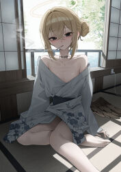 1girl absurdres black_eyes black_wings blonde_hair breasts broken_halo cigarette crossed_bangs fallen_angel hair_between_eyes halo highres japanese_clothes kimono looking_at_viewer low_wings mansu_(user_pnmp4287) mouth_hold neck_tattoo off_shoulder original short_hair single_wing sitting small_breasts smoking solo tattoo wings yukata
