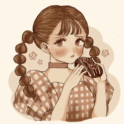1girl blush braid brown_eyes brown_hair chocolate cinnamon_(katsura) collar donut dress embarrassed faux_retro_artstyle floral_background food hair_between_eyes highres holding holding_food original pastry retro_artstyle solo sprinkles twin_braids