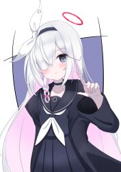 Rule 34 | 1girl, absurdres, black choker, black coat, black hairband, black sailor collar, black serafuku, black shirt, black skirt, blue archive, blue background, blush, bow, braided sidelock, choker, coat, collarbone, colored inner hair, commentary request, cowboy shot, grey eyes, hair bow, hair over one eye, hairband, halo, highres, long sleeves, looking at viewer, multicolored hair, neckerchief, open clothes, open coat, pink hair, plana (blue archive), pleated skirt, pout, reaching, reaching towards viewer, red halo, sailor collar, school uniform, serafuku, shirt, sidelocks, skirt, solo, standing, vtitalianlion46, white background, white bow, white hair, white neckerchief