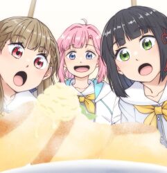 3girls :d :o ahoge anyoji_hime awestruck black_hair blue_dress blue_eyes blunt_bangs blunt_ends blush braid brown_hair center-flap_bangs collarbone commentary_request donpa dress flower_knot food green_eyes hasu_no_sora_school_uniform highres hood hooded_jacket ice_cream_scoop_(utensil) jacket kachimachi_kosuzu link!_like!_love_live! long_hair love_live! momose_ginko multi-tied_hair multiple_girls neckerchief open_clothes open_jacket open_mouth pancake pink_hair ponytail red_eyes sailor_collar sailor_dress school_uniform short_hair side_braids sidelocks smile souffle_pancake summer_uniform swept_bangs upper_body virtual_youtuber white_jacket white_sailor_collar yellow_neckerchief