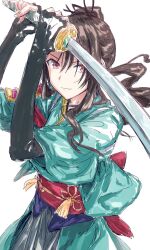 1girl akikaze_rui black_gloves brown_hair bullfalk closed_mouth commentary_request elbow_gloves fingerless_gloves gloves green_kimono highres holding holding_sword holding_weapon japanese_clothes kimono long_hair obi obijime pink_eyes ponytail red_sash sash short_sleeves shoujo_kageki_revue_starlight shoujo_kageki_revue_starlight_-re_live- sidelocks simple_background smile solo sword weapon white_background