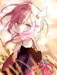 Rule 34 | 1girl, blue eyes, brown sky, coat, cyrene (honkai: star rail), from side, hair ornament, hashtag-only commentary, honkai: star rail, honkai (series), iilorv, looking at viewer, medium hair, outdoors, pink hair, purple coat, solo, upper body, wheat, wheat field