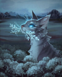 animal animal_focus blind blue_eyes commentary cool_colored flower from_side glowing glowing_eyes grey_cat highres jayfeather mouth_hold no_humans outdoors painterly power_of_three profile tree warrior_cats xintetsu