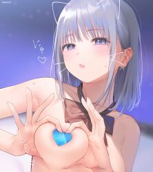 1girl areola_slip black_bow black_bowtie blue_pasties blunt_bangs blush bow bowtie breasts drawn_ears drawn_whiskers ear_piercing finger_heart fuzuki_fuuro heart highres looking_at_viewer medium_breasts nude original parted_lips pasties piercing purple_eyes purple_hair short_hair simple_background solo sweat upper_body