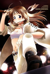 Rule 34 | 00s, 1girl, ahoge, banchou, bandaid, bandaid on face, blue eyes, blush, bokken, boots, bousouzoku, brown hair, clannad, clothes writing, coat, delinquent, female focus, headband, highres, komowata haruka, long hair, looking at viewer, miyazawa yukine, navel, open clothes, open shirt, sarashi, shirt, sleeves rolled up, solo, sword, tokkoufuku, weapon, wooden sword
