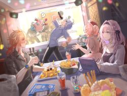 Rule 34 | 2boys, 2girls, alternate hairstyle, animal ears, antenna hair, back, black hairband, black pants, black ribbon, black shirt, black tank top, blonde hair, blue hair, blush stickers, body markings, bowl, braid, cake, castorice (honkai: star rail), clenched hand, closed eyes, closed mouth, collared shirt, colored inner hair, couch, cowboy shot, crown, cup, dress, drink, drinking glass, drinking straw, eating, food, fork, french fries, gradient hair, grey hair, hair between eyes, hair ribbon, hairband, hand up, highres, holding, holding fork, holding instrument, holding maracas, holding microphone, holding stylus, honkai: star rail, honkai (series), horse ears, horse tail, hyacine (honkai: star rail), ice, ice cream, ice cube, instrument, jacket, karaoke, ketchup, little ica (honkai: star rail), long hair, looking at another, low ponytail, maracas, microphone, multicolored hair, multiple boys, multiple girls, music, musical note, mydei (honkai: star rail), on couch, open clothes, open jacket, open mouth, pants, pegasus, pegasus wings, phainon (honkai: star rail), pink dress, pink hair, playing instrument, ponytail, puffy short sleeves, puffy sleeves, purple eyes, red hair, ribbon, shadow, shirt, short hair, short ponytail, short sleeves, singing, single braid, sitting, smile, spoken musical note, standing, stylus, sundae, table, tablet pc, tail, tambourine, tanemaki monaka, tank top, teeth, tray, twintails, watch, white jacket, wristwatch, yellow eyes