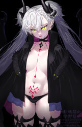 1girl black_cloak black_panties black_thighhighs body_markings breasts choker cloak crossed_bangs demon_girl demon_horns demon_wings ear_piercing fate/grand_order fate_(series) glowing glowing_eyes gluteal_fold green_eyes grey_hair hair_between_eyes highres horns large_breasts lilith_(fate) lilith_(second_ascension)_(fate) long_hair looking_at_viewer navel onsoku_inu panties parted_lips piercing pointy_ears solo stomach_tattoo tattoo thick_thighs thighhighs thighs twintails underwear very_long_hair wings