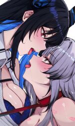 2girls absurdres asymmetrical_horns black_hair blue_bra blue_hair blush bra breasts collar grey_hair highres hololive hololive_english horns leash lipstick_mark long_hair meakiec multicolored_hair multiple_girls nerissa_ravencroft purple_eyes red_collar saliva shiori_novella shirt simple_background tongue tongue_out two-tone_hair underwear uneven_horns upper_body virtual_youtuber white_background white_shirt yellow_eyes yuri