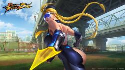 1girl 2boys antenna_hair ass ass_cutout asymmetrical_ass_cutout asymmetrical_clothes asymmetrical_legwear back_tattoo beret braid breasts bridge clothing_cutout cloud cloudy_sky decapre energy energy_blade energy_weapon english_text facial_scar fighting_stance gate half_ass hat highres knife large_breasts logo multiple_boys muscular muscular_back muscular_female necktie official_alternate_costume official_art revealing_clothes river road scar scar_on_cheek scar_on_face sign skull sky street street_fighter street_fighter:_duel tattoo twin_braids underpass weapon wings wrist_blades