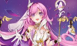 Rule 34 | 1girl, bare shoulders, bell, breasts, commentary, corset, crystal shards, diamond-shaped pupils, diamond (shape), elf, elysia (herrscher of human: ego) (honkai impact), elysia (honkai impact), highres, holding, holding staff, honkai (series), honkai impact 3rd, large breasts, long hair, looking at viewer, open mouth, pink hair, pointy ears, purple eyes, purple sky, sky, solo, staff, symbol-shaped pupils, triquetra, upper body, veil, very long hair, white corset, white veil, yuna tomuri