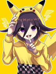 1boy animal_ears checkered_clothes commentary_request cosplay danganronpa_(series) danganronpa_v3:_killing_harmony finger_to_mouth flipped_hair gen_1_pokemon hair_between_eyes hands_up happy highres hood hoodie light_blush lightning_bolt_symbol long_sleeves looking_at_viewer male_focus nacoru nintendo oma_kokichi open_mouth outline pikachu pikachu_(cosplay) pikachu_ears pikachu_hood pikachu_tail pokemon pokemon_tail purple_eyes purple_hair ringed_eyes short_hair shushing simple_background smile solo tail upper_body white_outline yellow_background yellow_hoodie yellow_theme