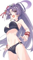 Rule 34 | 1girl, bangle, bikini, black bikini, blue archive, bracelet, breasts, commentary request, earrings, eyewear on head, fang, flower, hair flower, hair ornament, halo, highres, jewelry, karahai (31448823), long hair, looking at viewer, medium breasts, o-ring, o-ring bikini, open mouth, ponytail, purple eyes, purple hair, red flower, simple background, skin fang, solo, sunglasses, swimsuit, very long hair, white background, yukari (blue archive), yukari (swimsuit) (blue archive)