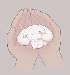 1other :3 animal animal_focus blue_eyes blush_stickers cinnamoroll closed_eyes commentary curled_tail dog fuwa_fuwa_cinnamoroll grey_background highres holding holding_animal pov pov_hands reimentyuru sanrio simple_background sleeping smile solo_focus undersized_animal white_dog white_fur zzz