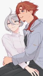 2girls black_pants blue_eyes blue_jacket closed_mouth collared_shirt dark-skinned_female dark_skin earrings female_focus grey_eyes gundam gundam_suisei_no_majo hand_on_another&#039;s_waist highres jacket jewelry long_hair miorine_rembran multiple_girls oosawa_yayoi open_mouth pants ponytail red_hair ring shirt short_hair simple_background smile stud_earrings suletta_mercury thick_eyebrows wedding_ring white_background white_hair white_shirt wife_and_wife yuri
