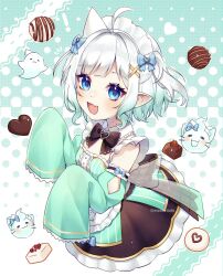 1girl absurdres ahoge apron black_bow black_bowtie blue_bow blue_eyes bow bowtie cookie detached_collar detached_sleeves dress fang food ghost ghost_pose gradient_hair green_dress green_hair hair_bow hair_ornament hands_up hashtag-only_commentary heart highres indie_virtual_youtuber long_sleeves looking_at_viewer maid_headdress mint_fantome mint_fantome_(minto_2.0) miracle_(waaaracle) multicolored_hair open_mouth pointy_ears sidelocks skin_fang sleeves_past_fingers sleeves_past_wrists solo triangular_headpiece two_side_up virtual_youtuber waist_apron white_apron white_hair wisps_(mint_fantome) x_hair_ornament