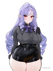 Rule 34 | 1girl, absurdres, ahoge, alternate costume, arm at side, arm behind back, artist name, black shorts, blush, bow, bowtie, breasts, buttons, center frills, closed mouth, commentary, cowboy shot, curvy, drill hair, drill sidelocks, frilled shirt, frilled sleeves, frills, gem, grey shirt, harutoyumaarts, high-waist shorts, highres, large breasts, long hair, long sleeves, looking at viewer, mole, mole under eye, multicolored hair, pointy ears, purple bow, purple bowtie, purple gemstone, purple hair, red eyes, shirt, short shorts, shorts, side slit, side slit shorts, sidelocks, simple background, smile, solo, standing, streaked hair, thick thighs, thighs, two-tone hair, very long hair, vivian banshee, white background, white hair, zenless zone zero