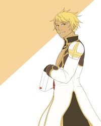 1boy animated animated_gif black_gloves blonde_hair brown_coat chasewalk coat commentary cowboy_shot english_commentary gloves gold_trim high_priest_(ragnarok_online) looking_at_viewer looking_to_the_side male_focus multicolored_coat ragnarok_online short_hair smile solo two-tone_coat white_coat yellow_eyes