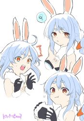 1girl :t ^^^ animal_ear_fluff animal_ears bare_shoulders black_gloves black_leotard braid breasts carrot_hair_ornament closed_mouth commentary cropped_torso don-chan_(usada_pekora) dress eating food food-themed_hair_ornament fur-trimmed_gloves fur_trim gloves hair_ornament highres holding holding_food hololive kiritoma leotard long_hair multiple_views onigiri open_mouth rabbit_ears signature simple_background small_breasts spoken_squiggle squiggle strapless strapless_dress strapless_leotard surprised twin_braids twintails upper_body usada_pekora usada_pekora_(1st_costume) virtual_youtuber wavy_mouth white_background white_dress