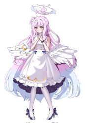 1girl angel_wings bare_shoulders black_bow black_footwear blue_archive blue_bow blue_hair blush bow breasts closed_mouth commentary_request corrupted_twitter_file crescent dress dress_bow eyelashes feathered_wings felice_ykr footwear_bow frilled_dress frills full_body gradient_hair hair_bun hair_intakes half_updo halo hands_up high_heels highres interlocked_fingers light_blue_hair long_hair looking_at_viewer low_wings medium_breasts mika_(blue_archive) multicolored_hair own_hands_together pantyhose pink_hair pink_halo scrunchie sidelocks simple_background single_side_bun sleeveless sleeveless_dress smile solo standing very_long_hair white_background white_dress white_pantyhose white_wings wings wrist_scrunchie yellow_eyes