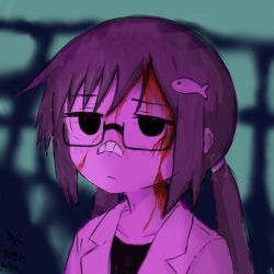 Rule 34 | 1girl, bandaid, bandaid on face, bandaid on nose, black eyes, black hair, black shirt, blade runner (series), blade runner 2049, blood, blood on face, blurry, blurry background, collarbone, empty eyes, fish hair ornament, fish hairpin, glasses, h3n sw, hair ornament, hairpin, lab coat, looking up, low twintails, meme, pink light, shimeji simulation, shirt, solo, tsukishima mina, tsukishima shijima&#039;s sister, twintails, you look lonely (meme)