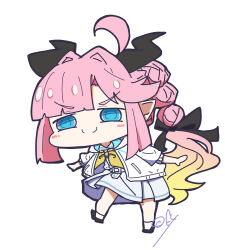 1girl absurdres alternate_species anyoji_hime black_horns black_ribbon blonde_hair blue_eyes blunt_sidelocks bow_legwear brown_shoes c: chibi chibi_only closed_mouth commentary_request demon_girl demon_horns dress full_body gradient_hair hair_intakes hair_ribbon hasu_no_sora_school_uniform hat highres hood hooded_jacket horns jacket link!_like!_love_live! long_hair love_live! medium_dress mini_hat mini_top_hat multicolored_hair neckerchief oofushi_ao open_clothes open_jacket pink_hair pleated_dress pointy_ears ponytail ribbon sailor_collar sailor_dress school_uniform shoes sidelocks signature simple_background smile socks solo split_mouth standing summer_uniform three-quarter_sleeves top_hat two-tone_hair v-shaped_eyebrows very_long_hair virtual_youtuber white_background white_dress white_jacket white_sailor_collar white_socks yellow_neckerchief