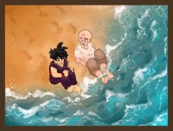 Rule 34 | 2boys, bald, bald male, beach, black eyes, black hair, dragon ball, kuririn, multiple boys, ocean, sand, son gohan, talking