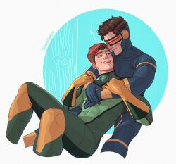 Rule 34 | 2boys, arms around neck, arms up, artist name, blue bodysuit, bodysuit, brown hair, closed mouth, commentary, cropped legs, cyclops (x-men), english commentary, eye contact, genderswap, genderswap (ftm), gloves, green bodysuit, hand on another&#039;s wrist, head-mounted display, heart, jean grey, looking at another, male focus, marvel, multiple boys, parted hair, smile, teeth, thedamnthinguy, upper teeth only, white background, x-men, yaoi
