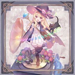 1girl album_cover bandaid bandaid_on_clothes bandaid_on_knee bandaid_on_leg black_thighhighs blonde_hair blue_bow blush boots bow cat cloak cover dekatanaba dress flower full_body gloves hat highres holding holding_staff large_bow little_witch_nobeta looking_at_viewer nobeta official_art open_mouth phonograph phyllis_(cat)_(little_witch_nobeta) phyllis_(little_witch_nobeta) red_eyes rose smile solo staff standing standing_on_one_leg stuffed_animal stuffed_toy teddy_bear textless_version thighhighs white_gloves witch witch_hat