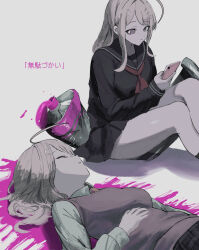 2girls ahoge akamatsu_kaede black_sailor_collar black_serafuku black_shirt black_skirt blonde_hair breasts cellphone closed_eyes danganronpa_(series) danganronpa_v3:_killing_harmony dual_persona fortissimo hair_ornament hairclip highres holding holding_phone large_breasts lying multiple_girls musical_note musical_note_hair_ornament neckerchief official_alternate_costume on_back phone pink_sweater_vest pleated_skirt red_neckerchief sailor_collar school_uniform serafuku shiny_skin shirt skirt smartphone sukizukiko sweater_vest