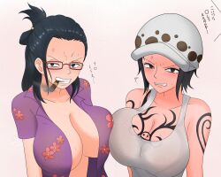 2girls absurdres anger_vein arm_tattoo blush body_switch breast_tattoo breasts breasts_squeezed_together canon_genderswap cleavage clenched_teeth disgust female_focus full_body genderswap genderswap_(mtf) glasses haibokusha hair_ornament highres jewelry large_breasts long_hair looking_at_another looking_at_viewer multiple_girls no_bra one_piece open_clothes open_shirt personality_switch short_hair shoulder_tattoo simple_background smoking squatting sweat tank_top tashigi tattoo teeth thighs tomboy trafalgar_law trafalgar_law_(female) translation_request wet yellow_eyes