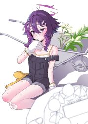 1girl black_shorts blue_archive boots cake food gauze gauze_on_knee gloves hair_between_eyes hair_ornament hairclip halo haruka_(blue_archive) highres inchore looking_at_viewer open_mouth overalls plant purple_eyes purple_hair purple_halo shorts sitting solo_focus sweat wariza wheelbarrow white_background white_gloves yellow_boots
