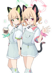 ! 2girls animal_ears blonde_hair blue_archive blush cat_ears cat_girl cat_tail closed_mouth cup disposable_cup drinking drinking_straw green_eyes halo highres holding long_sleeves looking_at_viewer midori_(blue_archive) momoi_(blue_archive) multiple_girls open_mouth red_eyes shirt short_hair short_sleeves simple_background standing tail white_background yoimura