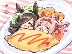 2girls :d ^_^ adachi_(nogami_nono) animal_ears black_hair blush bow brown_hairband brown_ribbon carrot chibi closed_eyes commentary_request diagonal_stripes ear_bow facing_viewer food hair_between_eyes hair_over_one_eye hair_ribbon hairband hands_up haru_urara_(umamusume) heart highres horse_ears in_food long_hair lying multiple_girls omelet omurice on_back open_mouth pink_hair plate ponytail ribbon rice_shower_(umamusume) sketch smile striped_background umamusume white_bow