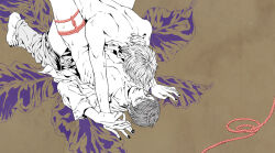 Rule 34 | 2boys, black nails, chazy, greyscale, holding hands, kaneki ken, lying, male focus, missionary, monochrome, multiple boys, nude, on back, open clothes, open shirt, red rope, rope, sex, tokyo ghoul, tsukiyama shuu, white hair, yaoi
