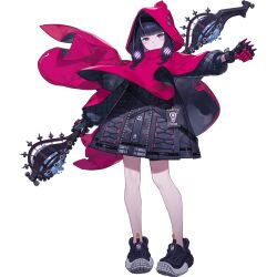 Rule 34 | 1girl, arknights, bare legs, black gloves, black hair, black jacket, blunt bangs, cloak, closed mouth, expressionless, full body, gloves, holding, holding staff, jacket, kuroboshi kouhaku, looking at viewer, low-tied sidelocks, multicolored hair, nishikiori sarasa (arknights), official art, purple eyes, red cloak, red hood, shoes, sidelocks, simple background, sneakers, solo, staff, standing, streaked hair, tachi-e, third-party source, transparent background