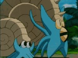 animated animated_gif game_freak gen_1_pokemon ichiishi_sayuri lowres nintendo no_humans omanyte omastar pikachu pokemon pokemon_(creature) sexually_suggestive surprised tentacles
