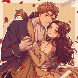 1boy 1girl animification beauty_and_the_beast_(disney) belle_(disney) blonde_hair brown_eyes brown_hair dress elbow_gloves gloves highres jewelry long_hair looking_at_viewer mizala ponytail prince_adam_(disney) smile yellow_dress