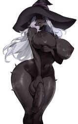 1girl absurdres arm_under_breasts black_hat breasts breath commentary dark-skinned_female dark_skin elden_ring elden_ring_nightreign english_commentary feet_out_of_frame full-package_futanari futanari hat highres huge_breasts large_hat large_penis long_hair navel nipples no_eyes open_mouth penis recluse_(elden_ring) simple_background solo standing steaming_body sweat testicles trembling unbeller very_dark_skin white_background white_hair wide_hips witch_hat