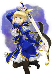 artoria_pendragon_(fate) blonde_hair blue_ribbon boots breasts excalibur_(fate/stay_night) fate_(series) green_eyes highres holding holding_sword holding_weapon honkai:_star_rail honkai_(series) looking_at_viewer pantyhose ribbon saber_(fate) saber_(honkai:_star_rail)_(fate) shirotsumekusa small_breasts smile sword weapon