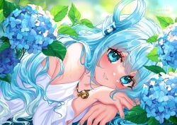 1girl aqua_eyes aqua_hair aqua_nails artist_name bare_shoulders bell blue_flower blurry blurry_background character_request collarbone commentary copyright_request day detached_sleeves english_commentary flower hair_between_eyes hair_intakes hair_rings hair_tubes highres jingle_bell light_blush long_hair looking_at_viewer lying naomochii on_side outdoors parted_lips shirt sidelocks single_hair_tube sleeveless sleeveless_shirt smile solo upper_body water_drop wet white_flower white_shirt