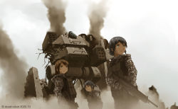 3girls artist_name assault_rifle black_hair brown_hair building bullet_hole dark-skinned_female dark_skin dead-robot dirty dirty_face green_eyes gun load_bearing_vest long_hair mecha military multiple_girls original rifle robot short_hair short_twintails sidelocks skull_and_crossbones smoke soldier twintails war weapon