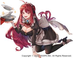1girl ahoge apron ascot back_bow bat_wings black_dress black_pantyhose black_ribbon black_shoes bow breasts cleavage commentary double_bun dress erze_(king&#039;s_raid) fangs frilled_apron frills full_body hair_bun hair_ribbon hand_on_ground high_heels holding holding_plate hwansang_jungdog juliet_sleeves king&#039;s_raid kneeling large_breasts long_hair long_sidelocks long_sleeves maid maid_apron maid_headdress napkin official_alternate_costume official_art open_mouth pantyhose petticoat plate puffy_sleeves red_ascot red_eyes red_hair ribbon shoes short_dress sidelocks smile solo sparkle very_long_hair waist_ribbon white_apron white_ribbon white_sleeve_cuffs winged_shoes wings