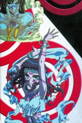 Rule 34 | 1990s (style), 2girls, arms up, blue eyes, bodypaint, bracelet, earrings, facial mark, gold bracelet, headband, highres, jewelry, long hair, looking at viewer, multiple girls, navel, neo ranga, non-web source, official art, outstretched arms, parted lips, retro artstyle, scan, shimabara minami, shimabara yuuhi, tribal