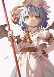 Rule 34 | 1girl, ascot, bat wings, blue hair, collared shirt, commentary, fang, fingernails, frilled shirt collar, frills, hair between eyes, hand on own hip, hat, hat ribbon, highres, holding, holding polearm, holding weapon, long fingernails, looking at viewer, mob cap, pink hat, pink shirt, pink skirt, polearm, puffy short sleeves, puffy sleeves, red ascot, red eyes, red nails, red ribbon, remilia scarlet, ribbon, shirt, short hair, short sleeves, signature, simple background, skin fang, skirt, skirt set, solo, spear the gungnir, symbol-only commentary, touhou, weapon, white background, wings, wrist cuffs, ycl 060