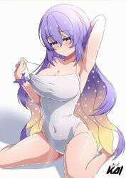 Rule 34 | 1girl, absurdres, arm behind head, arm up, artist name, bare arms, bare legs, bare shoulders, bilingual text, blonde hair, breasts, cleavage, collarbone, colored inner hair, commentary, covered navel, english commentary, english text, gradient hair, hair between eyes, hand up, highres, hololive, hololive indonesia, kaiyen, large breasts, lens flare, long hair, looking at viewer, mixed-language text, moona hoshinova, multicolored hair, one-piece swimsuit, purple eyes, purple hair, purple scrunchie, scrunchie, shadow, shiny skin, simple background, sitting, solo, spaghetti strap, starry hair, strap pull, swimsuit, thighs, two-tone hair, very long hair, virtual youtuber, wariza, white background, white one-piece swimsuit, wrist scrunchie